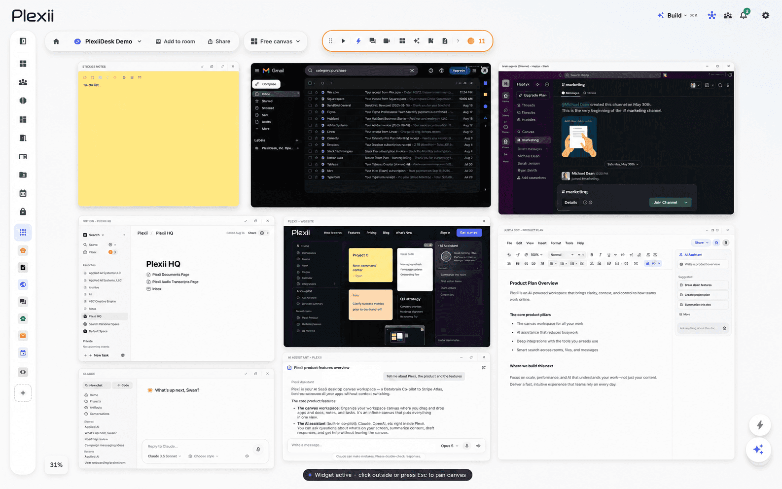 The Plexii canvas: notes, email, a chat channel, documents and an AI assistant open side by side as movable windows in one workspace.