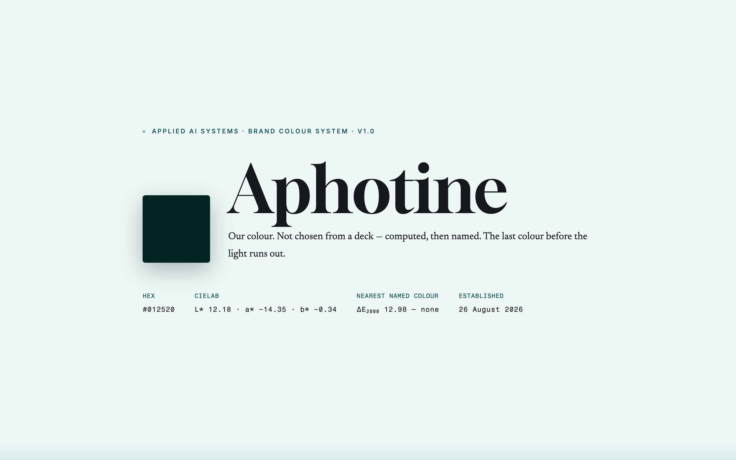 The Aphotine brand colour system document: the colour swatch, its CIELAB values, and its establishment date.