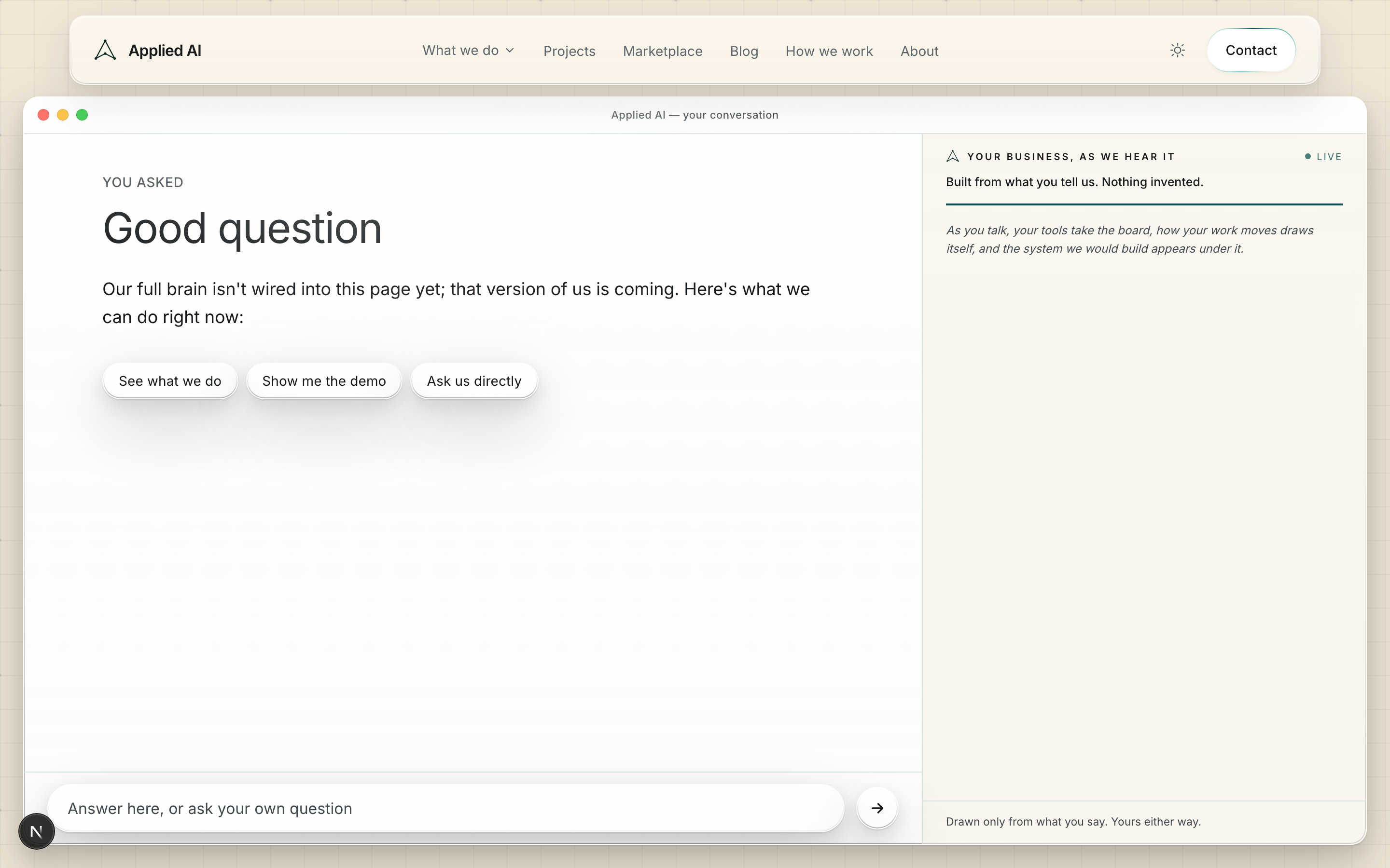 The ask surface: a threaded conversation answering from Applied AI's own content.