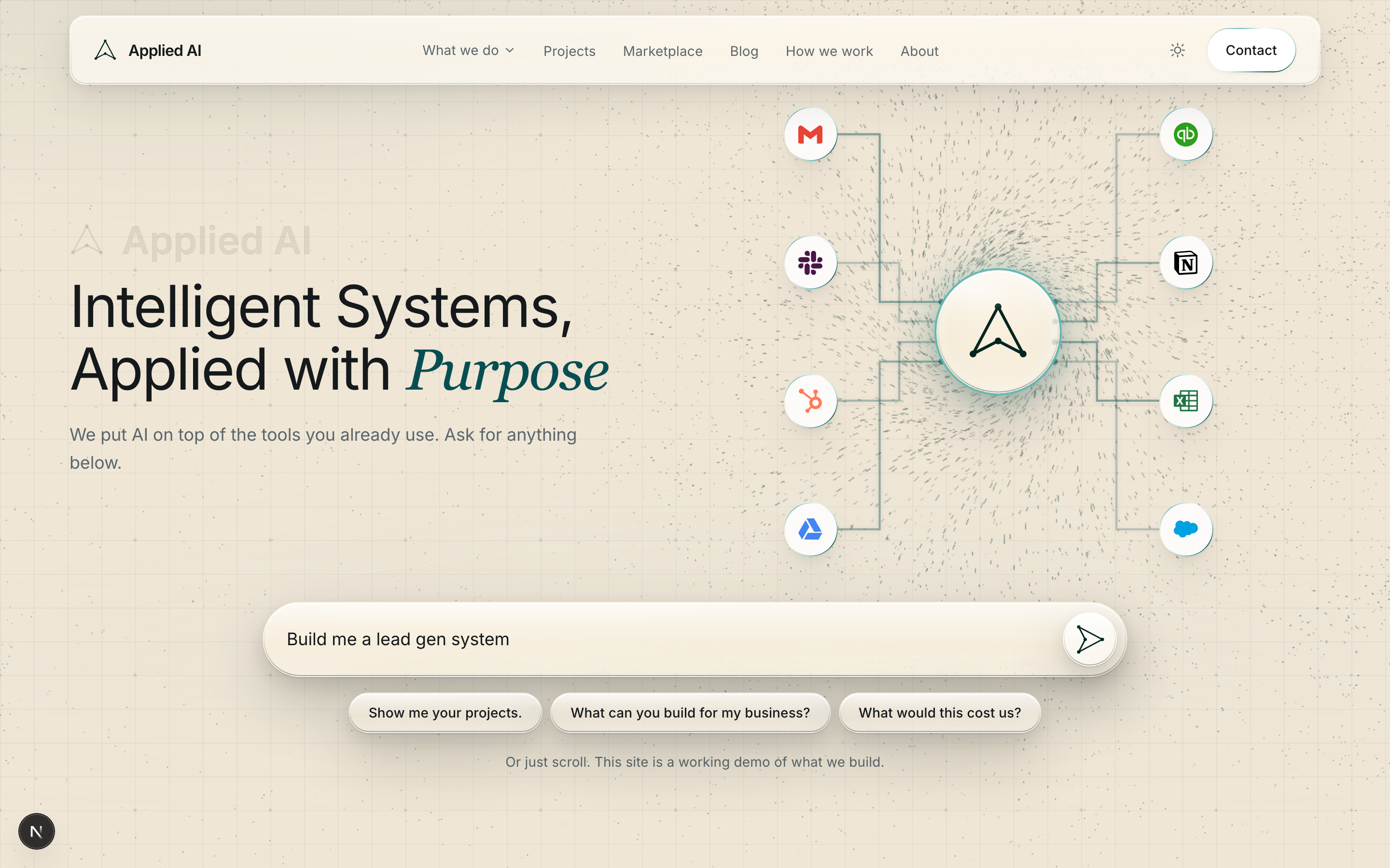 The Applied AI homepage: the particle field flowing around the AI input bar, with the headline and navigation above.