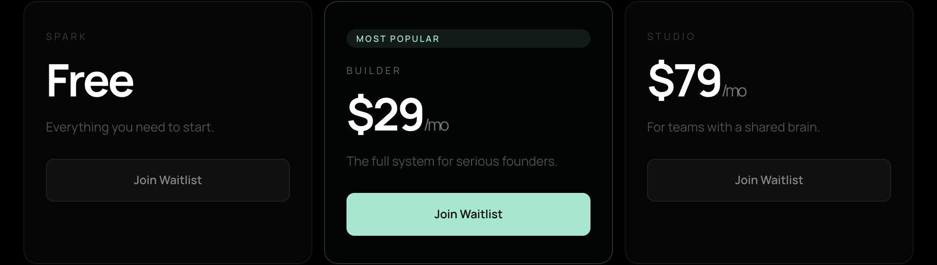 Three pricing cards: Spark, free; Builder, $29 a month, marked most popular; Studio, $79 a month for teams.