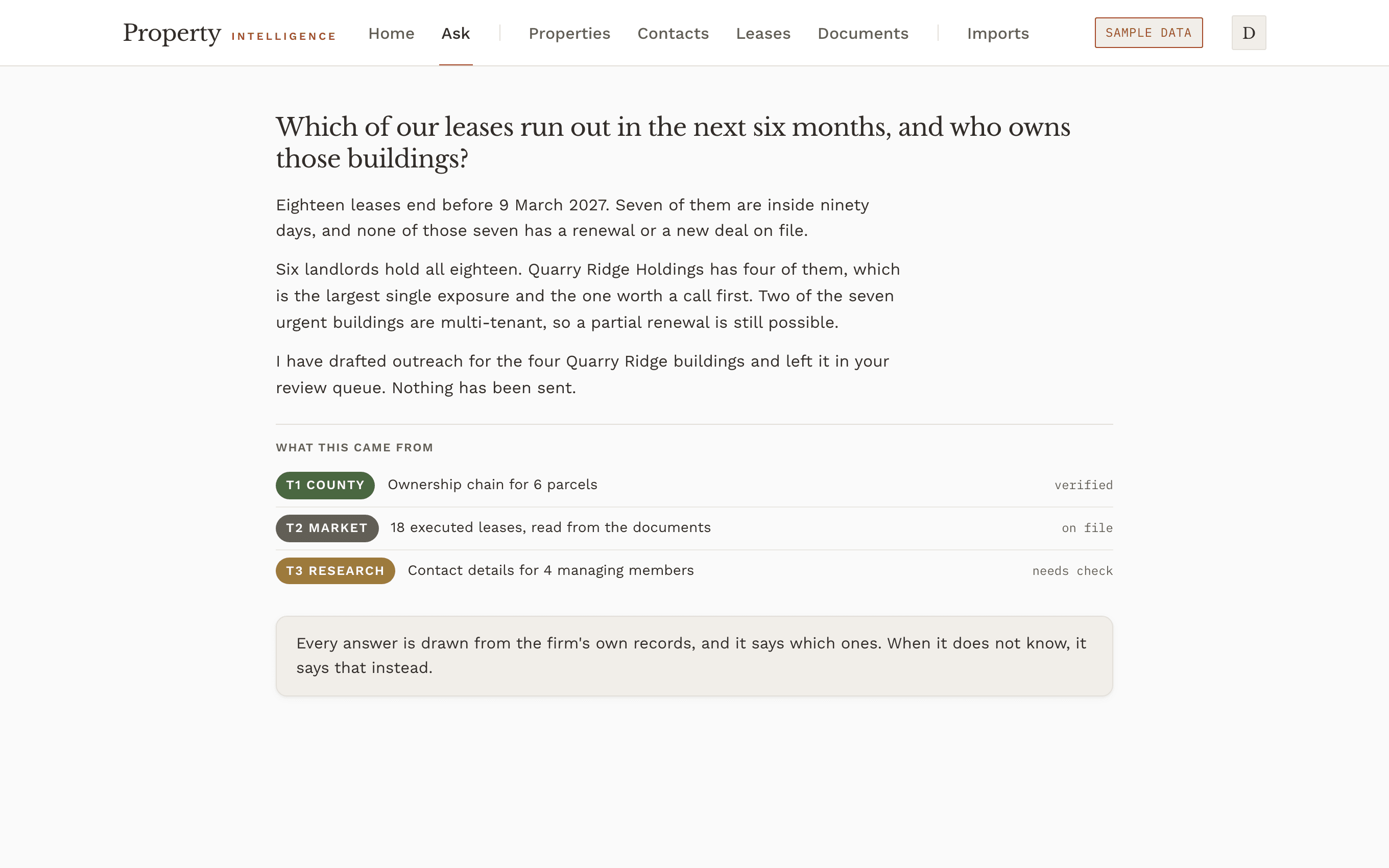 A question answered in plain language about which leases expire soon and who owns those buildings, followed by a list of the sources the answer drew on with their tiers.
