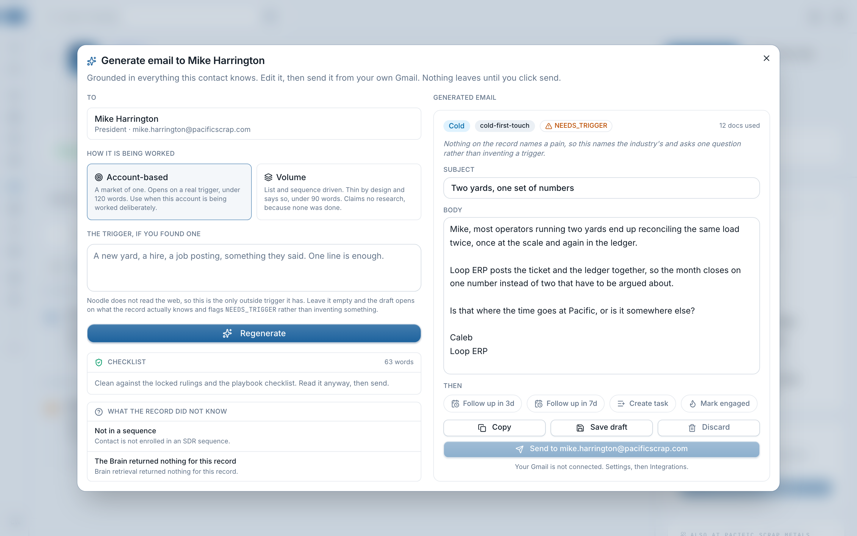 The generate-email dialog on a contact: recipient on the left with a choice between account-based and volume outreach, an empty trigger box, then the draft on the right tagged Cold, cold-first-touch and NEEDS_TRIGGER, with an editable subject and body, a 63-word checklist, and a list headed what the record did not know.
