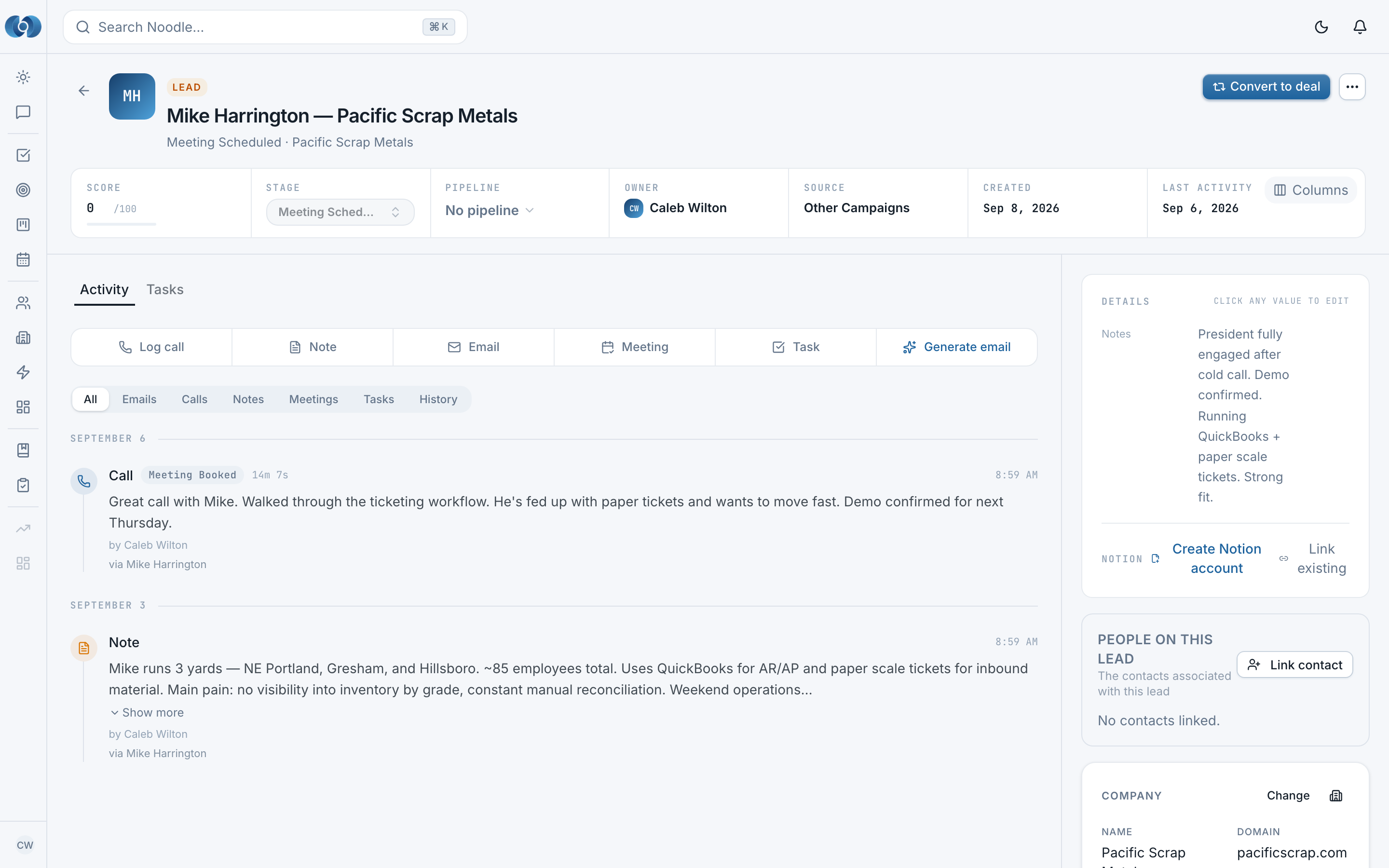 A lead record: score, stage, pipeline, owner, source, created and last-activity across the top, a Convert to deal button, an activity timeline showing a call logged with the disposition Meeting Booked and a qualification note about the prospect's yards and systems, and a details panel.