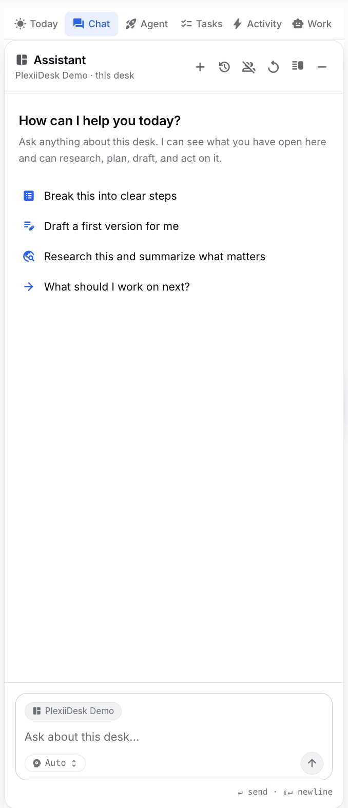 The Plexii assistant panel, scoped to the current desk, offering to break work into steps, draft a first version, research a topic, or suggest what to do next.