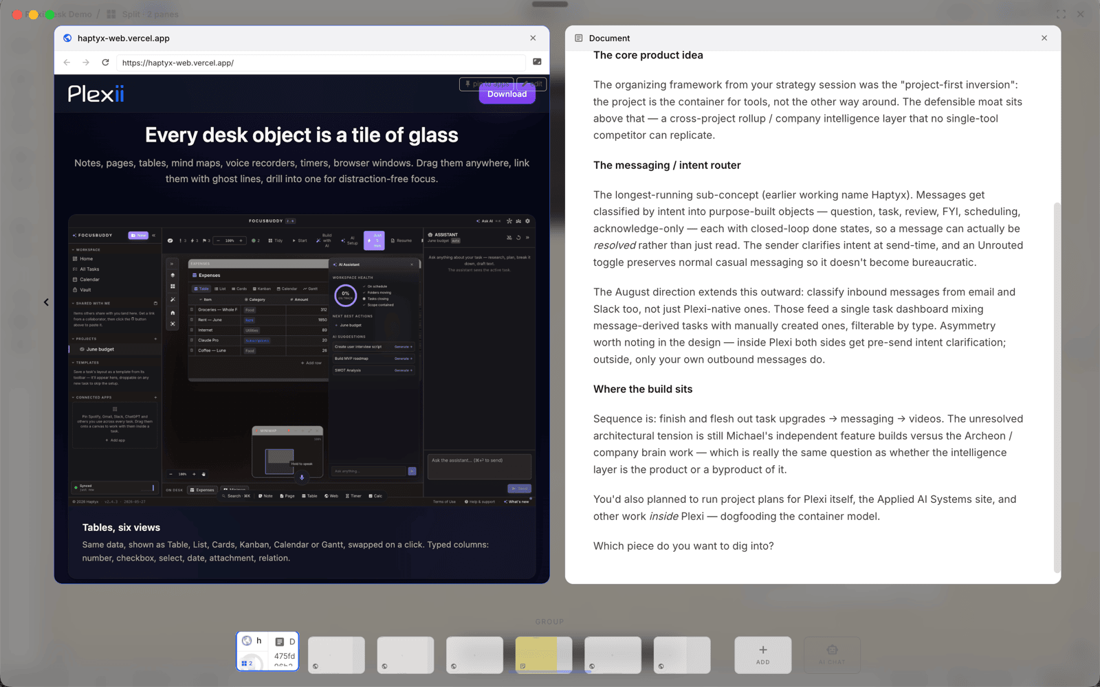 A Plexii desk split into two panes: a live browser window on the left and a long-form document open beside it on the right.