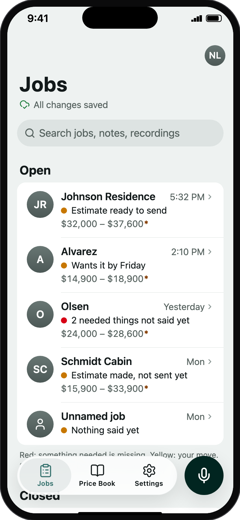 The Talk to Quote jobs screen in a phone: every job with a coloured light and a word under its name, the estimate range beside it, the price book's count below, and the Talk button.