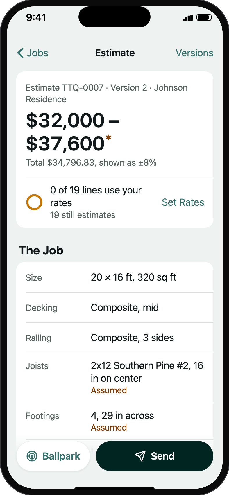 The estimate: the range with its mark, how many lines use the contractor's own rates, and the job's specs with the assumed ones marked.