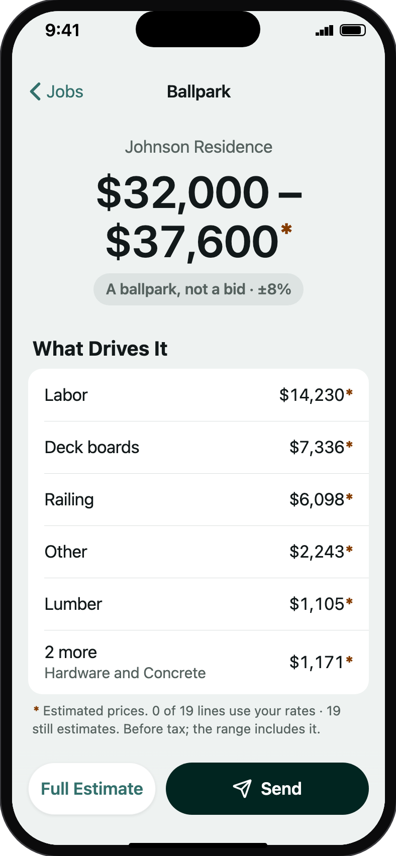 The ballpark: one range in large figures, what drives it, and a note that it is a ballpark, not a bid.
