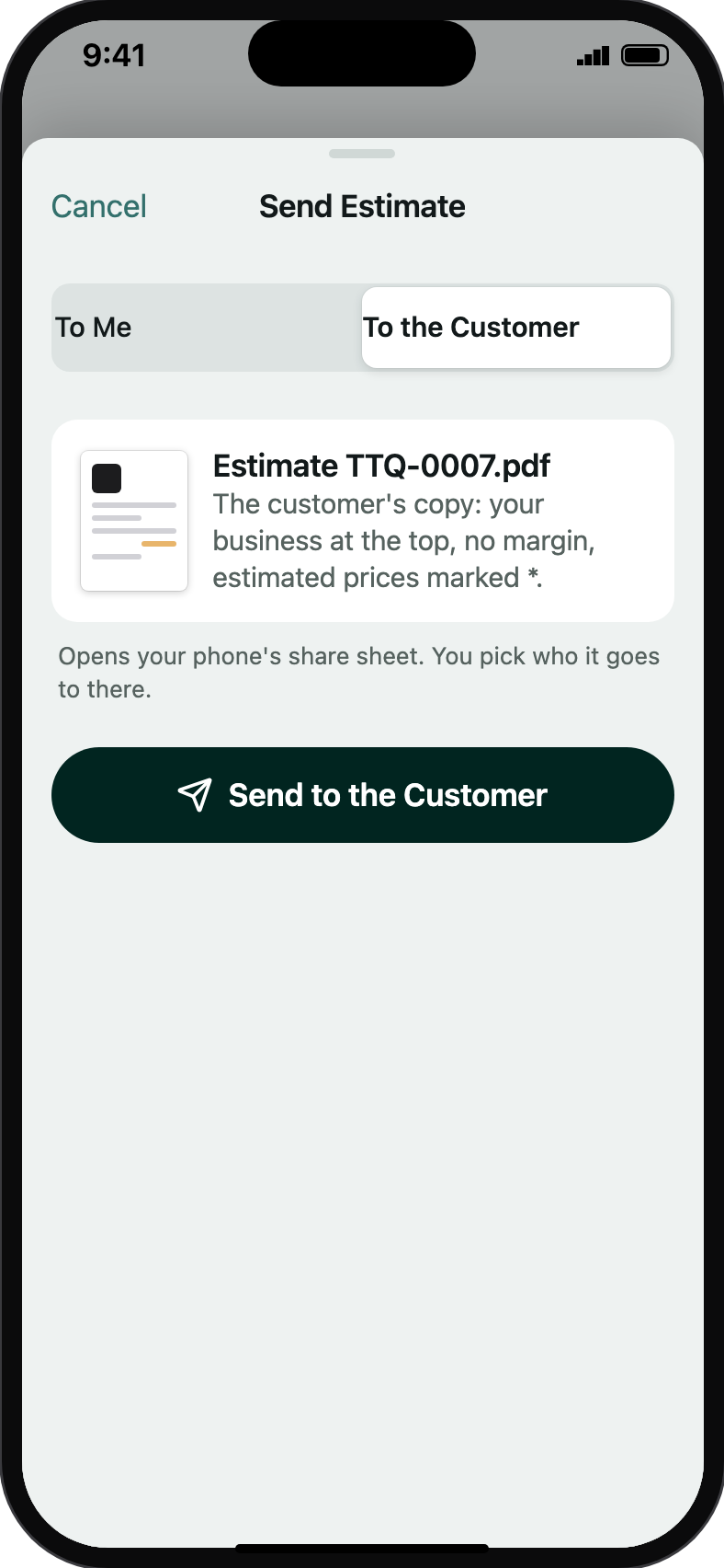The send sheet over the estimate, set to the customer: what their copy carries and the button that opens the phone's share sheet.