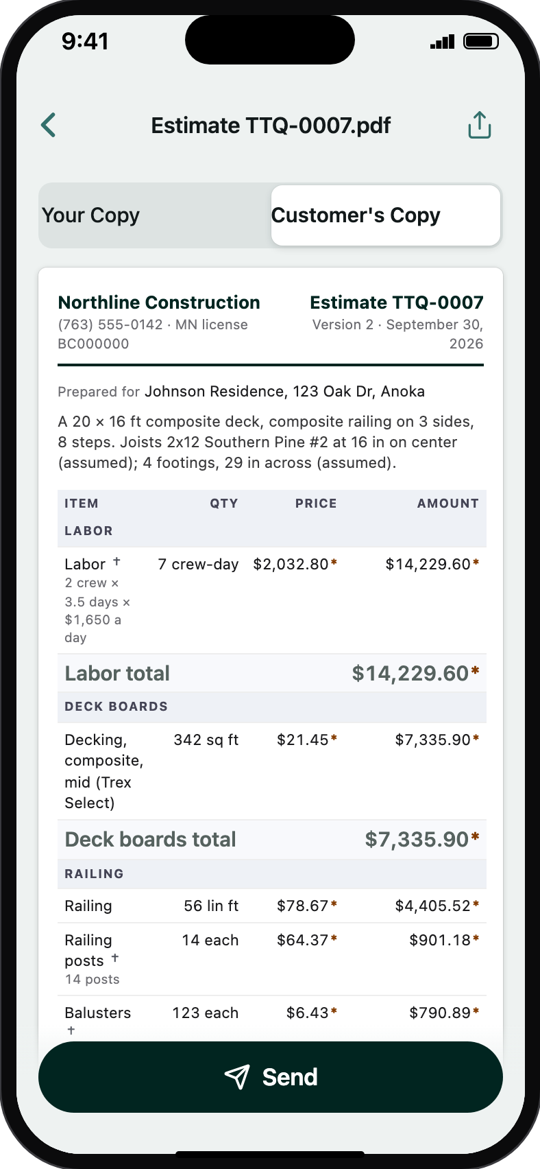 The customer's copy of the estimate as a PDF on the phone: the business at the top, every line, estimated prices marked, no margin.