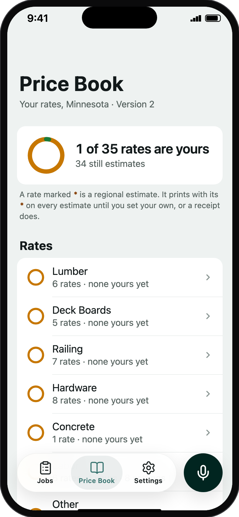 The price book: how many rates are the contractor's own, the rates grouped by part, and where the estimates start.